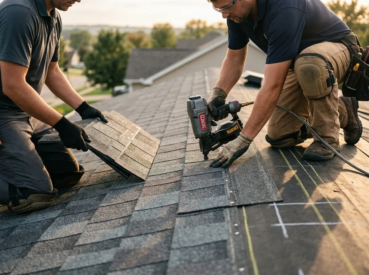 Professional roofer working on a residential roof in Morgan Hill